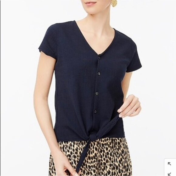 J. Crew Navy Textured Button-Down Tie-Front Shirt Size Medium NWT - Picture 1 of 12